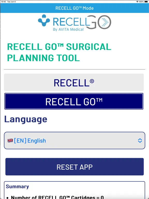 Ảnh chụp màn hình của RECELL® Surgical Planning Tool iPad 