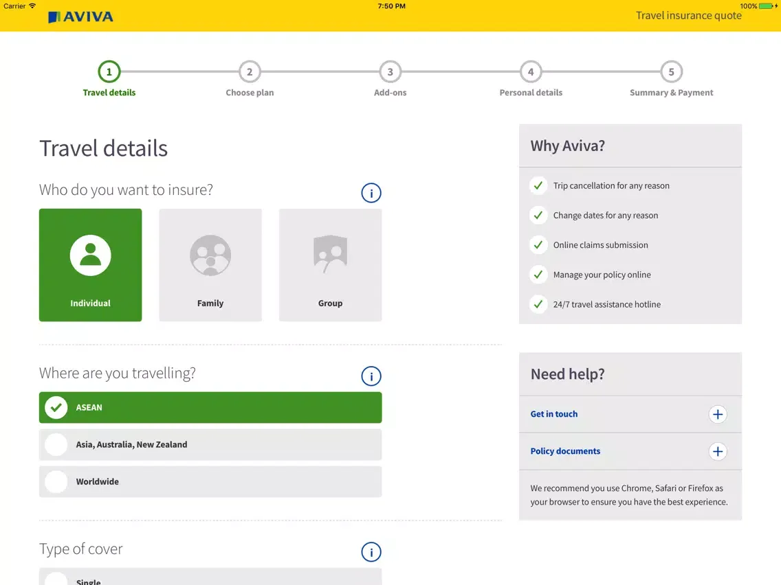 Aviva Singapore Travel iPad 應用截圖
