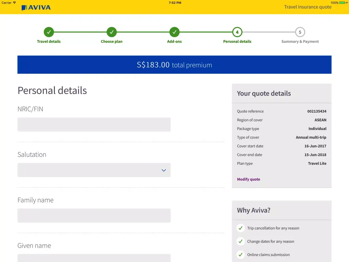 Aviva Singapore Travel iPad 應用截圖