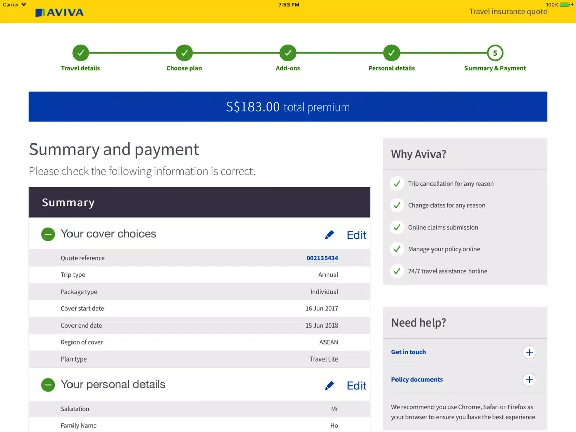 Aviva Singapore Travel iPad 應用截圖