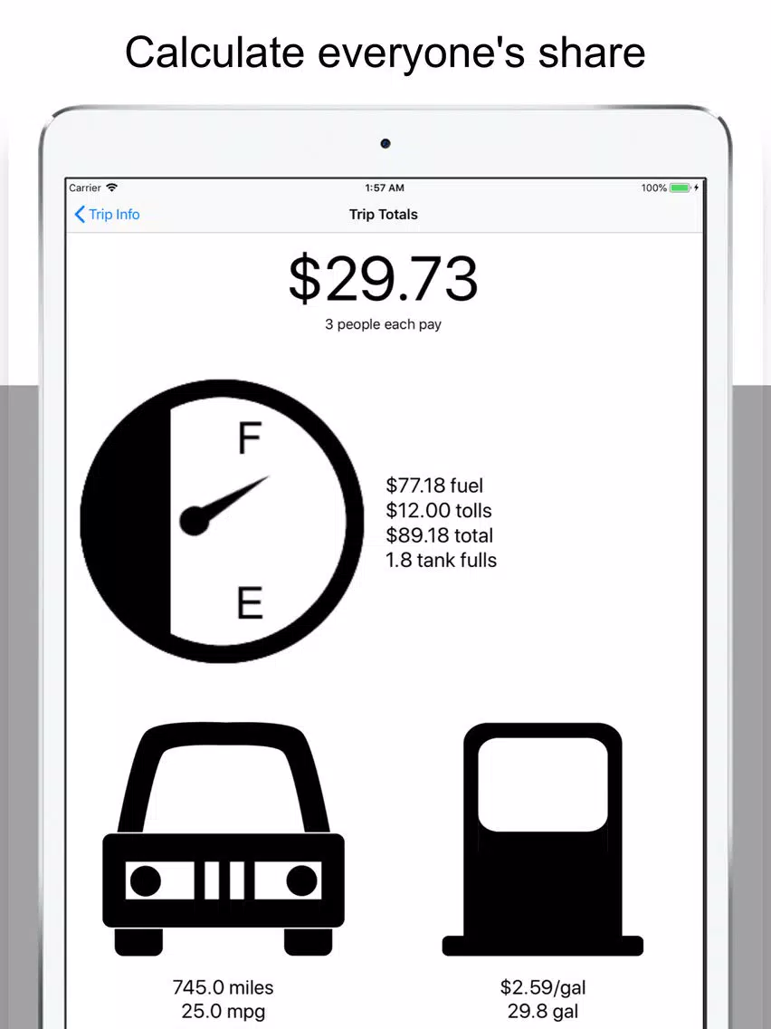Tangkapan skrin Gas Money Split iPad 