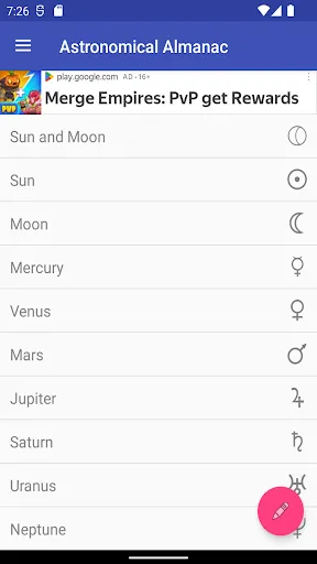 Capturas de tela do Astronomical Almanac