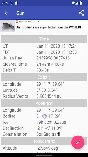 Capturas de tela do Astronomical Almanac