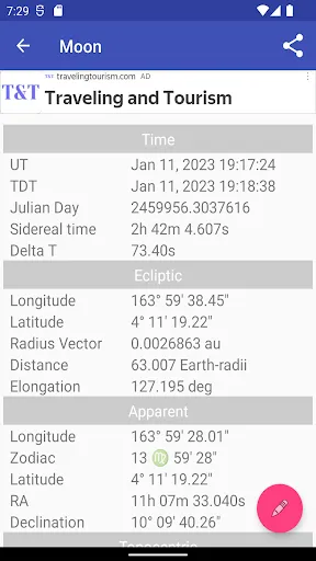 Capturas de tela do Astronomical Almanac