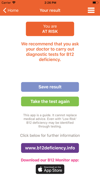 ภาพหน้าจอของ B12 Deficiency - risk checker