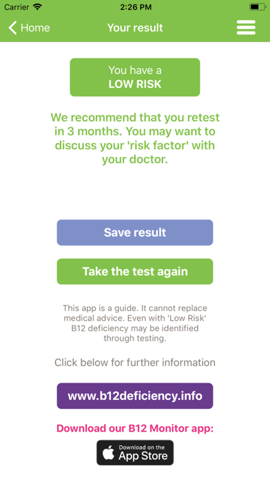 ภาพหน้าจอของ B12 Deficiency - risk checker