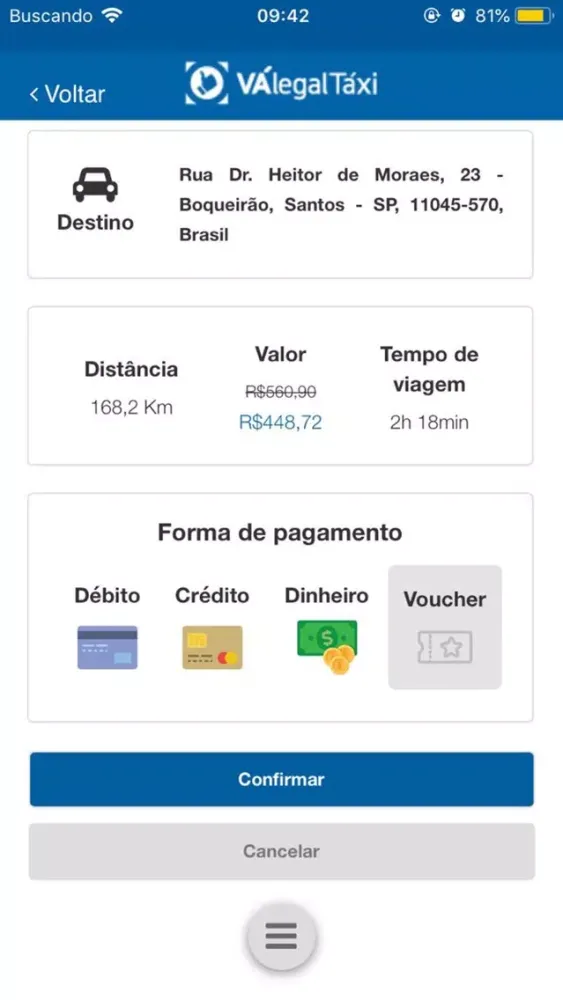 Capturas de tela do Vá Legal Táxi