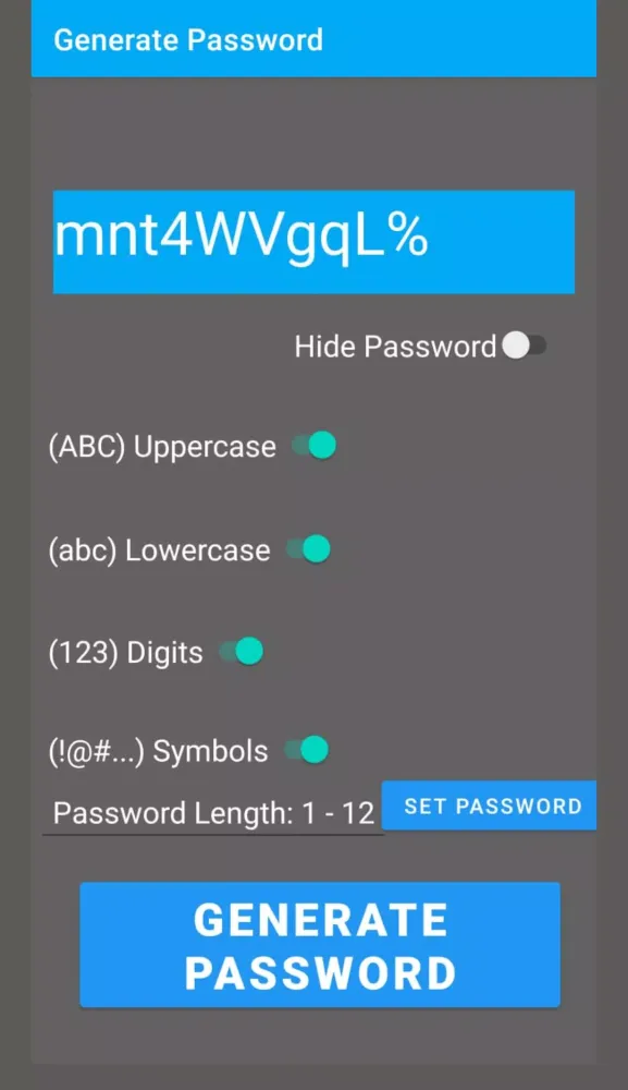 ภาพหน้าจอของ Password Generator app