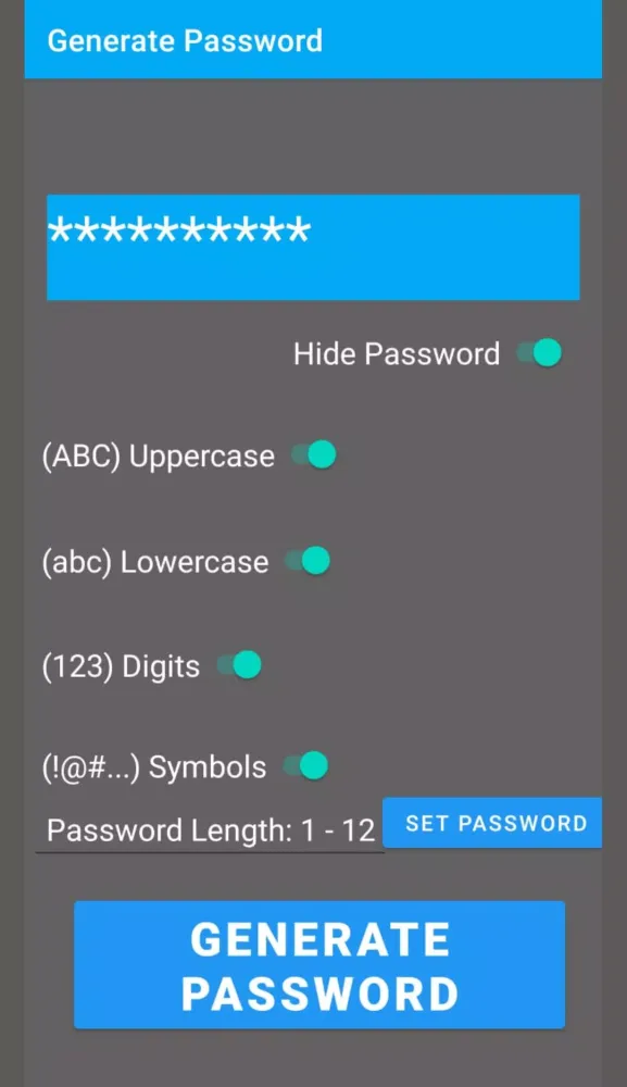 ภาพหน้าจอของ Password Generator app