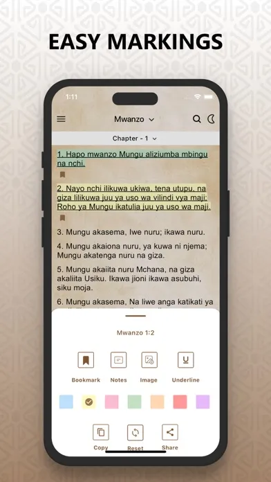 Capturas de pantalla de Biblia Takatifu ya Kiswahili.