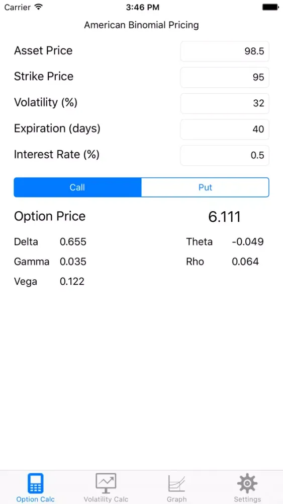 Tangkapan layar BS Option Pricer