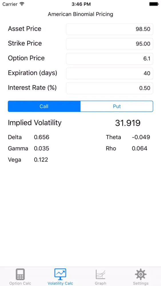 Tangkapan layar BS Option Pricer