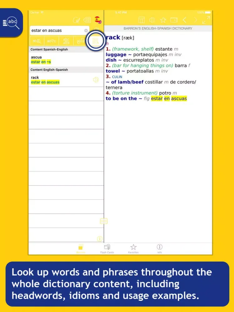 Tangkapan layar Barron’s Spanish-English Bilingual Dictionary iPad 