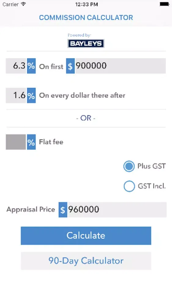 Tangkapan layar Bayleys Commission Calculator