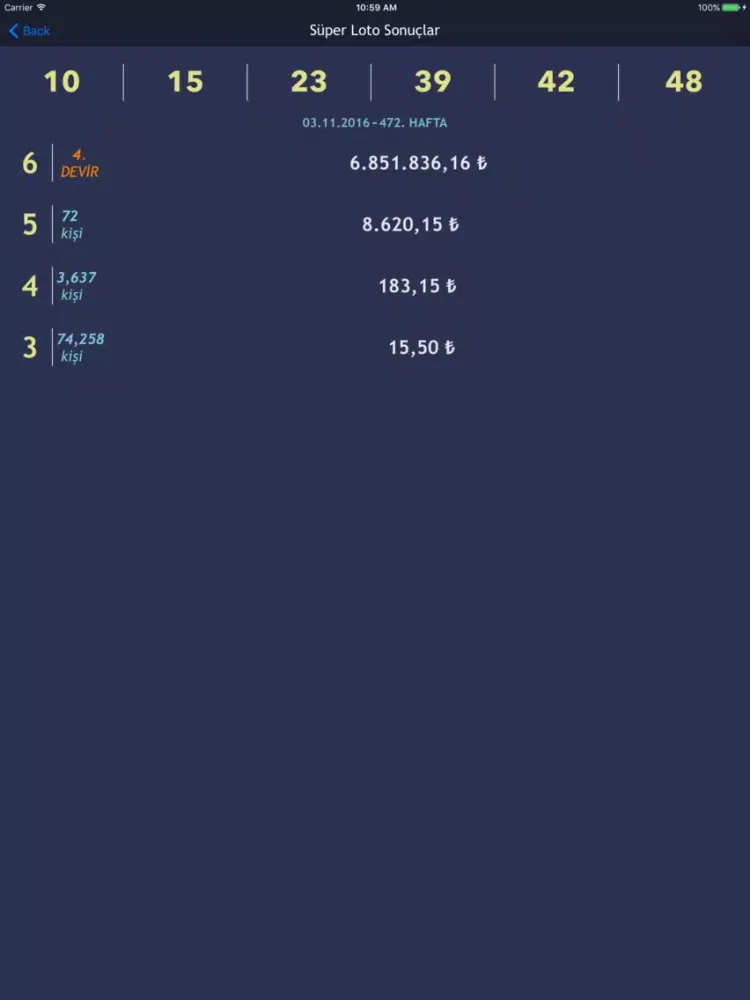 Tangkapan layar Loto Sonuçları - Sayısal Loto,Süper Loto,Şans Topu iPad 