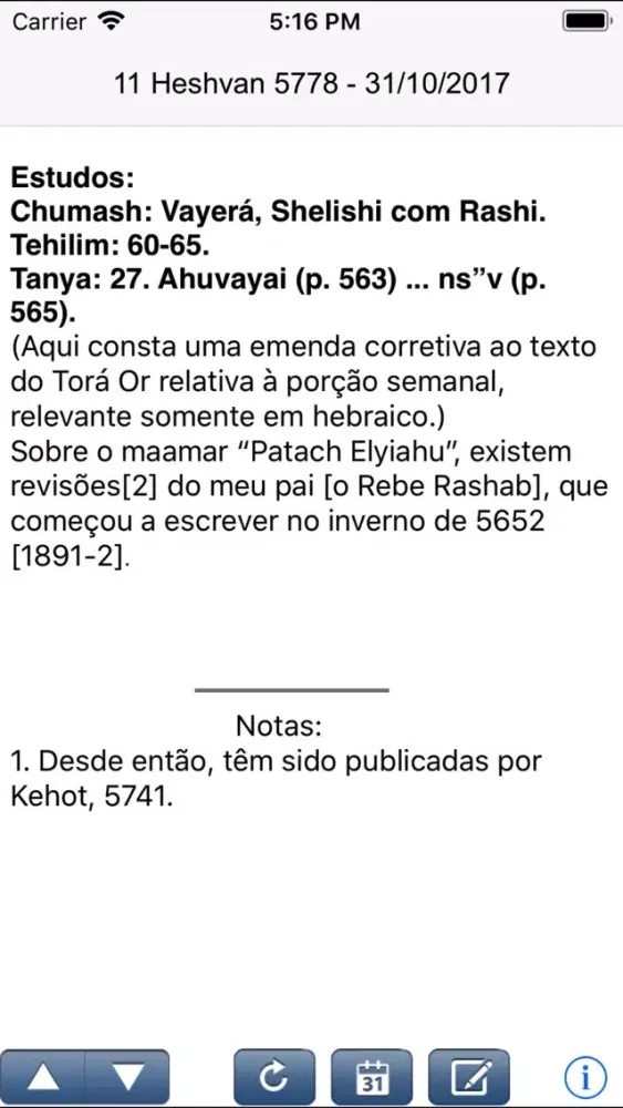 Capturas de pantalla de Hayom Yom em português