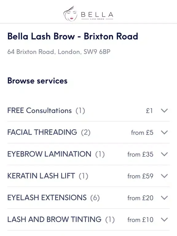 Tangkapan layar Bella Lash Brow London iPad 