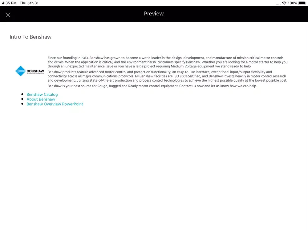 Capturas de tela do Benshaw SalesPro iPad 