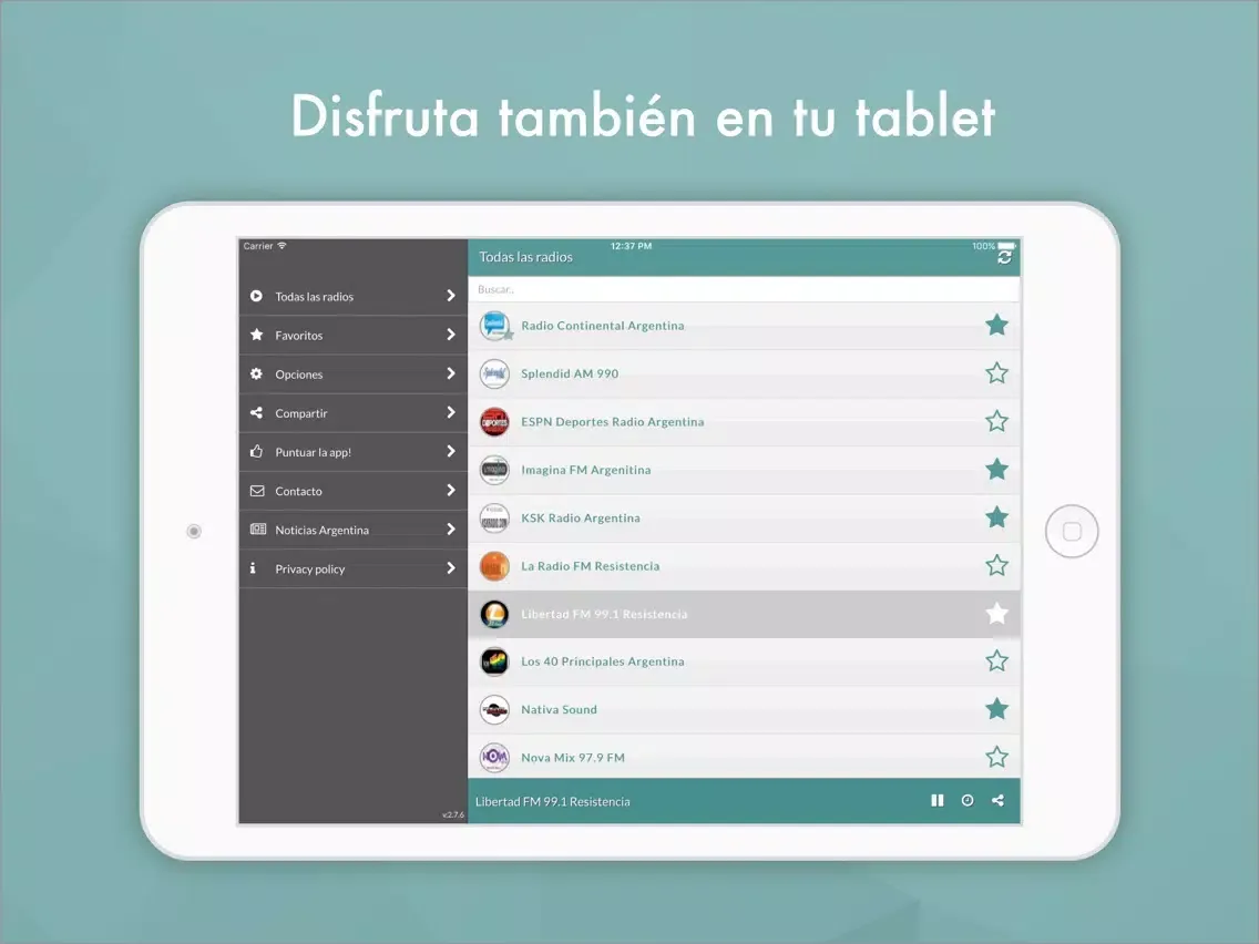 Tangkapan layar Radio Argentina FM online iPad 