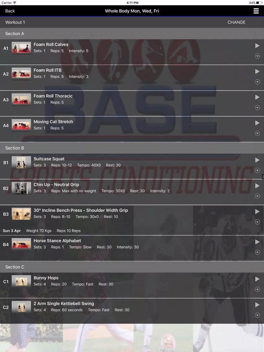 Tangkapan skrin B.A.S.E. Sports Conditioning iPad 