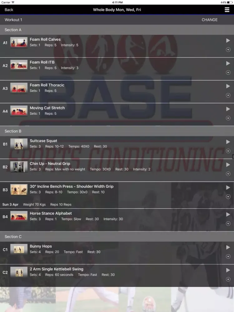Tangkapan layar B.A.S.E. Sports Conditioning iPad 