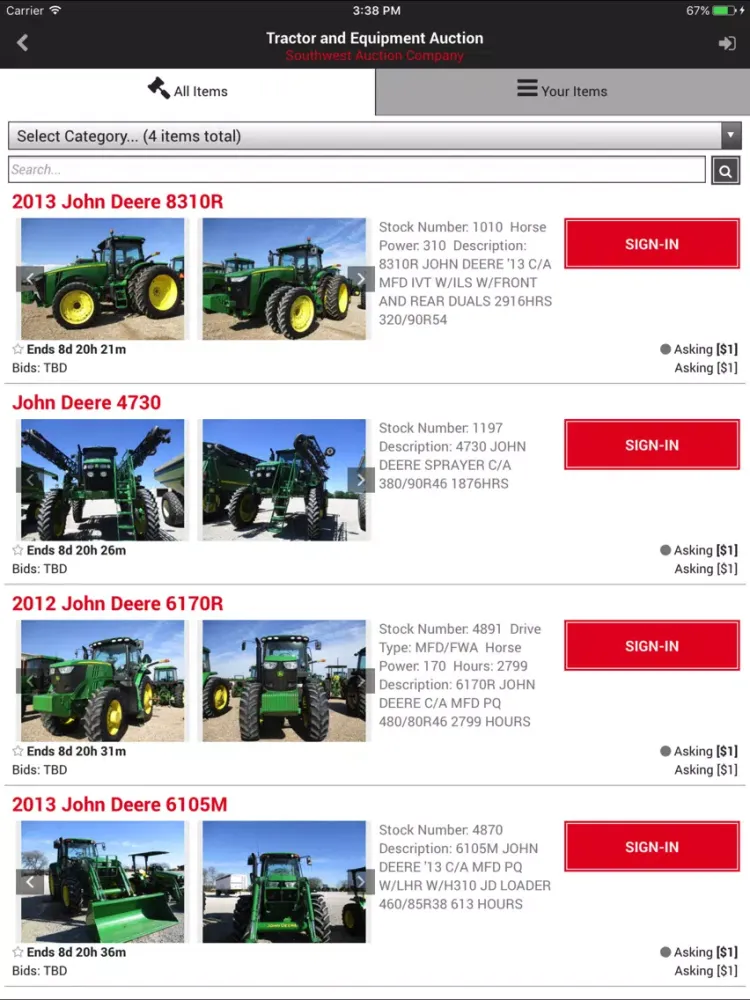 Screenshot di Southwest Auction iPad 