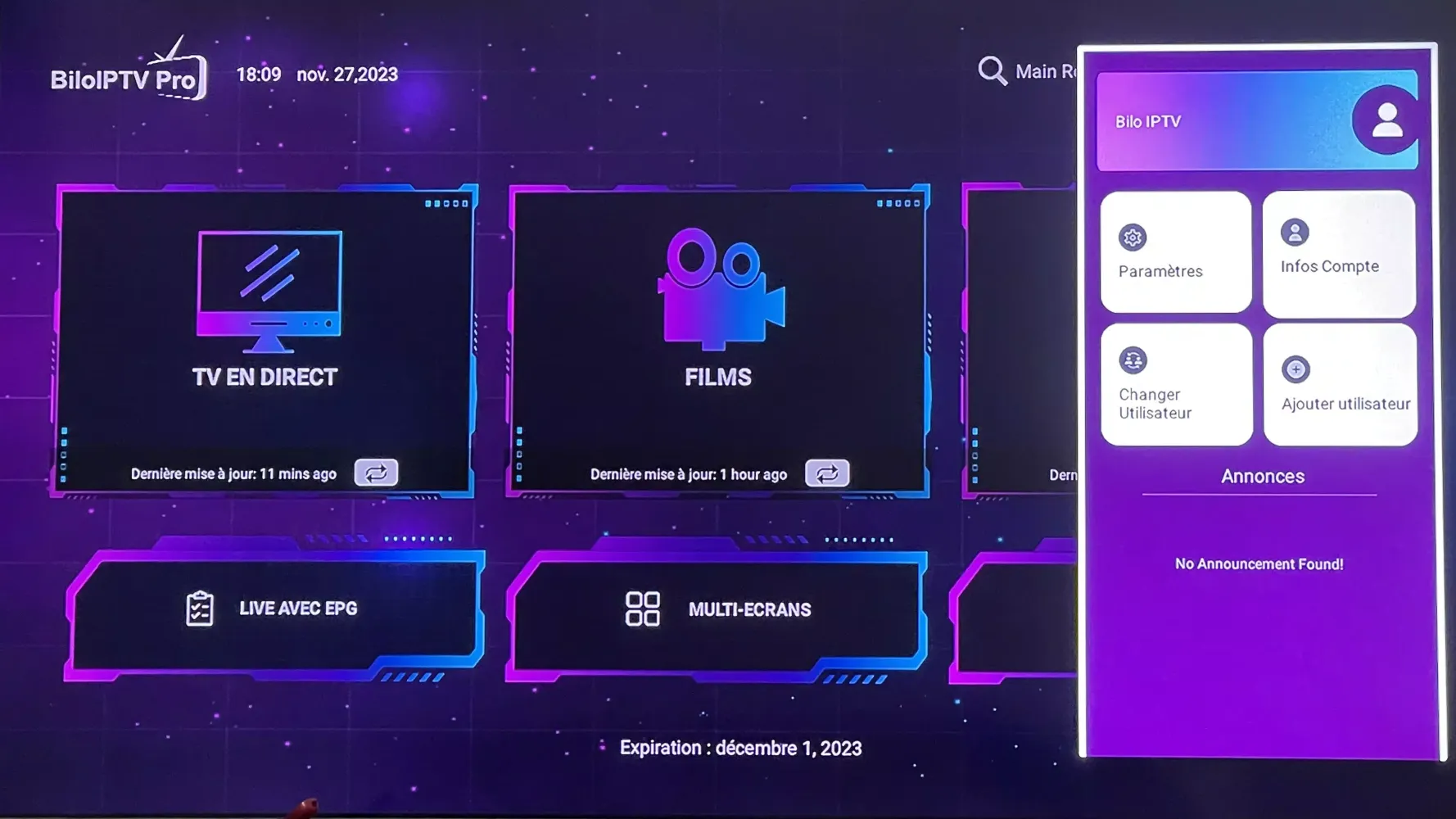 Capturas de tela do Bilo IPTV Pro