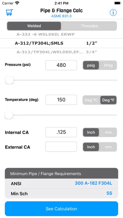 Tangkapan layar Pipe and Flange Calculator