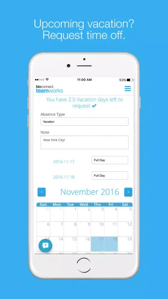 Capturas de tela do BioConnect TeamWorks - Time and Absence Management