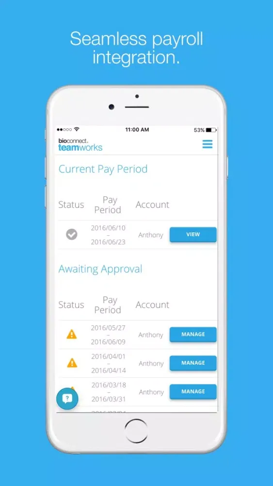 Capturas de tela do BioConnect TeamWorks - Time and Absence Management