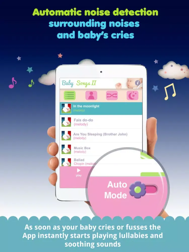 Baby songs 2 : bed time companion with lullabies,white noises and night light iPad  Screenshots