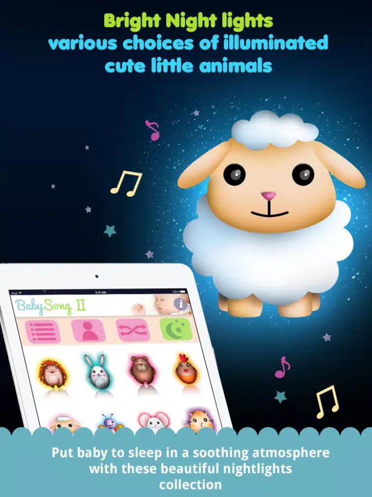 Baby songs 2 : bed time companion with lullabies,white noises and night light iPad  Screenshots