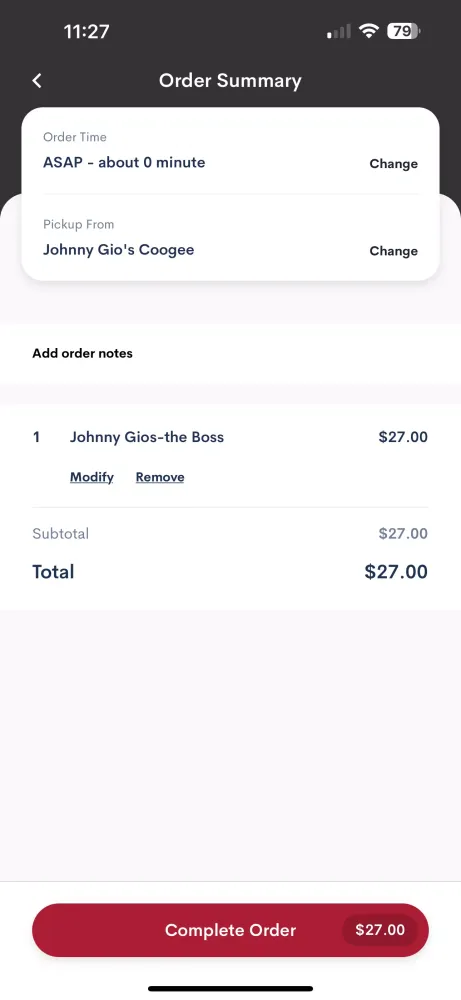 Tangkapan skrin Johnny Gio's Pizza