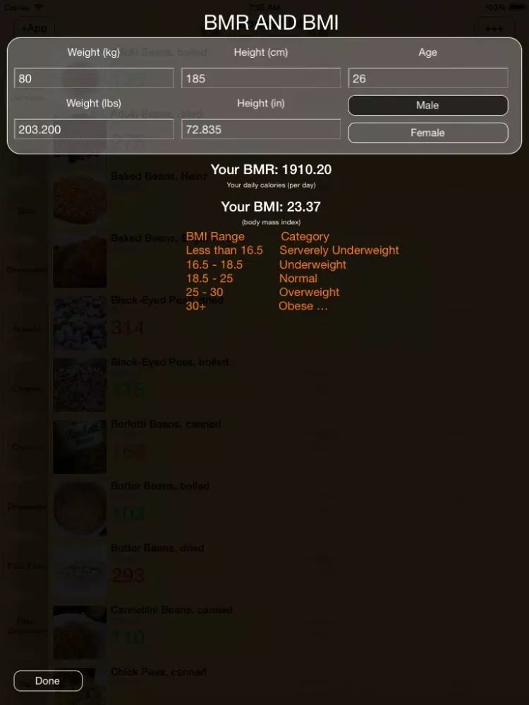 Calories List iPad  Screenshots