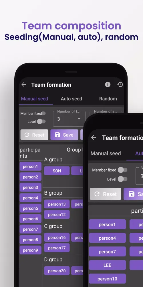 Capturas de tela do Team Manager
