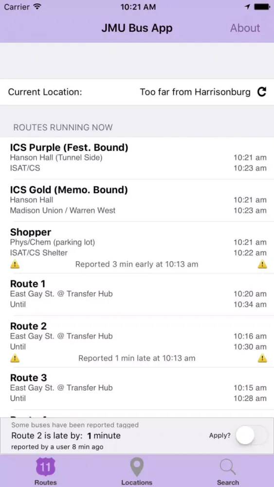 The JMU Bus App Screenshots