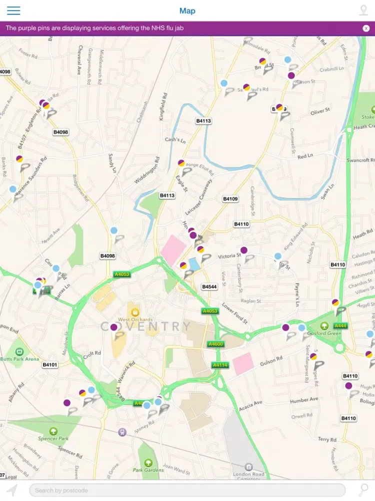 Tangkapan skrin NHS Health Sat Nav - Coventry & Warwickshire iPad 