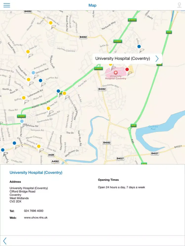 Tangkapan skrin NHS Health Sat Nav - Coventry & Warwickshire iPad 