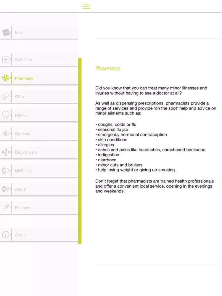 Tangkapan skrin NHS Health Sat Nav - Coventry & Warwickshire iPad 