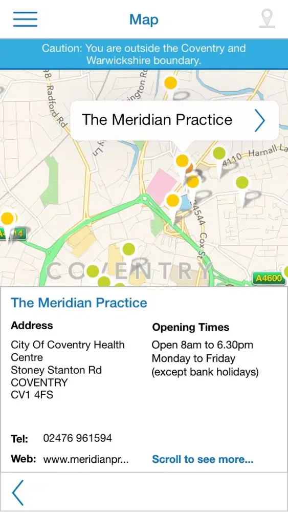 Tangkapan skrin NHS Health Sat Nav - Coventry & Warwickshire