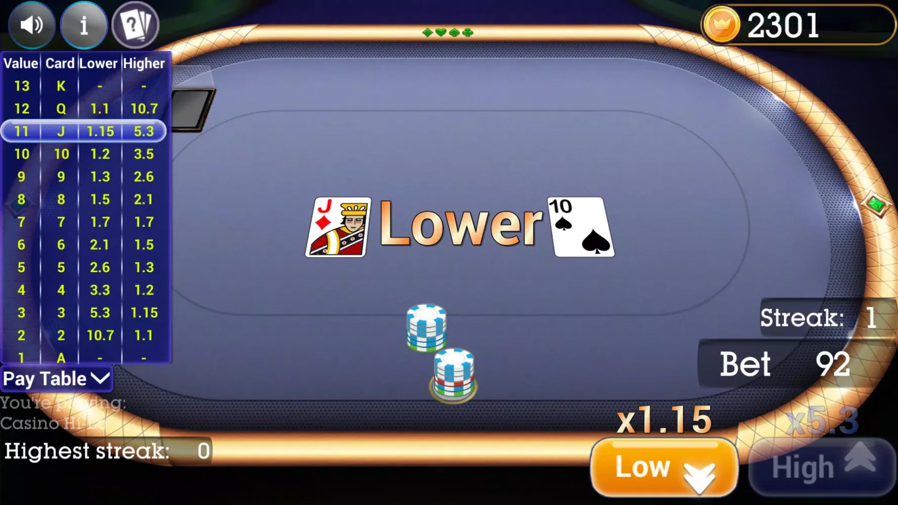 Zrzuty ekranu Casino High Low