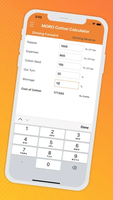 Zrzuty ekranu MORO Cotton Calculator