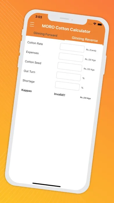 Zrzuty ekranu MORO Cotton Calculator
