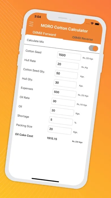 Zrzuty ekranu MORO Cotton Calculator