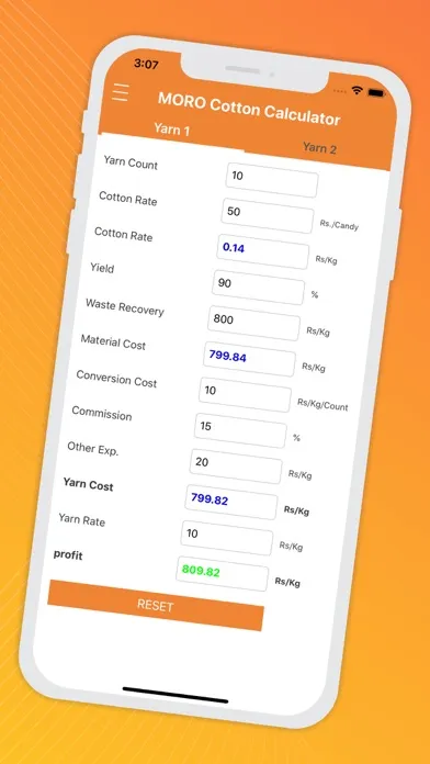 Zrzuty ekranu MORO Cotton Calculator
