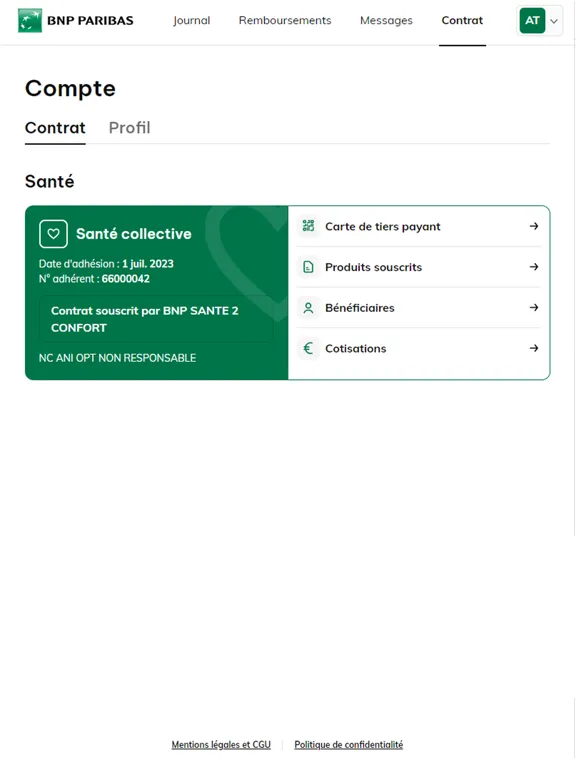 Tangkapan skrin BNP Paribas Protection Santé iPad 