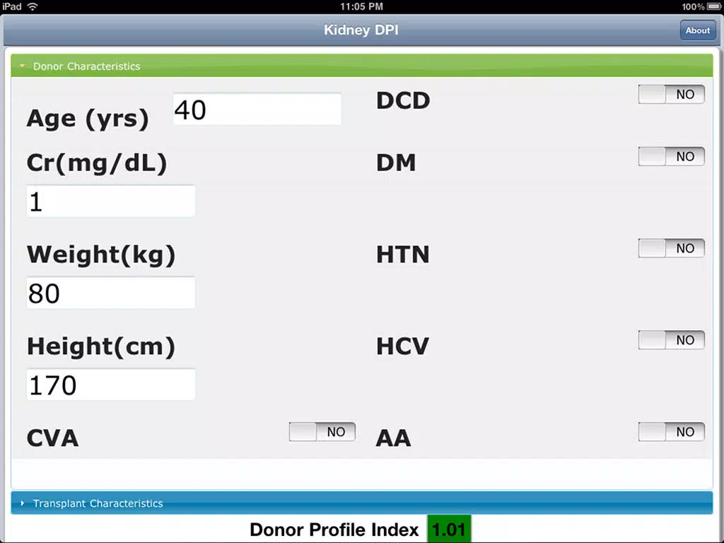 Zrzuty ekranu Kidney Transplant Donor Risk Index Calculator iPad 