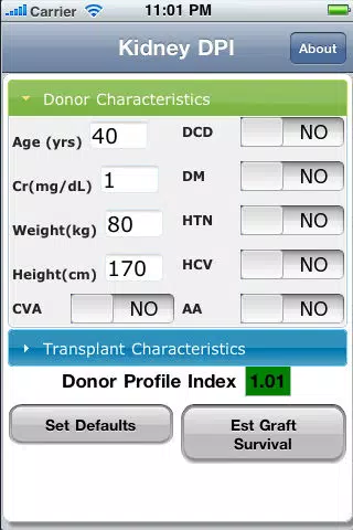 Zrzuty ekranu Kidney Transplant Donor Risk Index Calculator