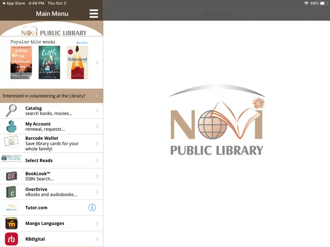 Capturas de tela do Novi Public Library Mobile iPad 