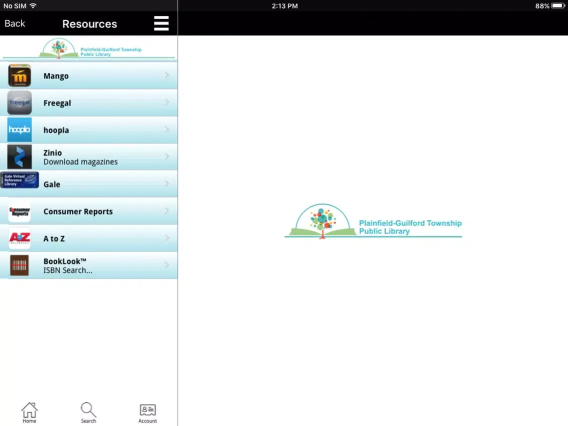 Tangkapan layar Plainfield Public Library Mobile iPad 
